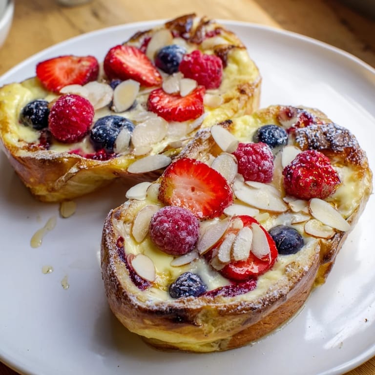 Warm custard toast, baked until crispy, shown with a swirl of honey, making a delicious breakfast.