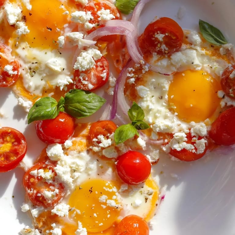Golden yolks peek out from the Tomato Feta Baked Eggs, a Mediterranean breakfast delight with fresh basil.