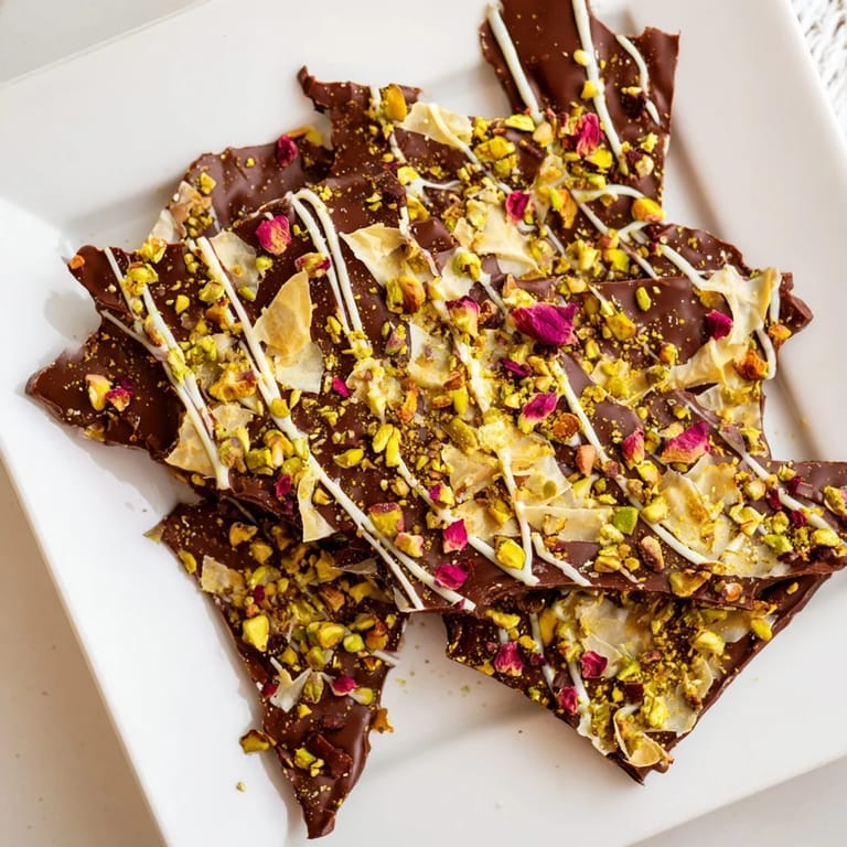 Close-up of the Pistachio Dubai Chocolate Bark with crisp phyllo and drizzled white chocolate.