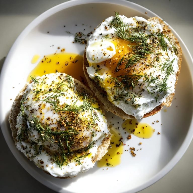 Çılbır Eggs Benedict with vibrant spiced butter and fresh herbs, a delicious brunch treat.