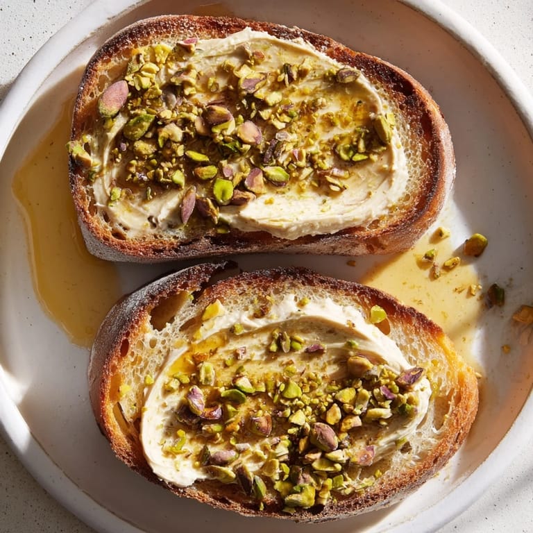 Ein köstlicher Pistazienbutter-Toast, garniert mit knusprigen gehackten Pistazien und einem süßen Honig-Tropfen.