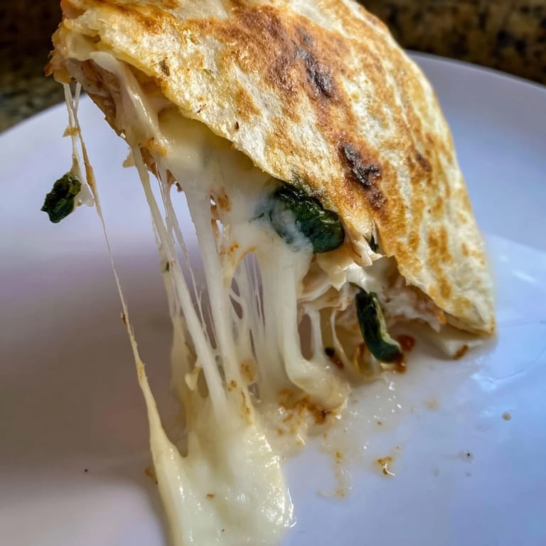 Chicken and Spinach Quesadilla aus der heißen Pfanne, wobei die knusprigen Kanten und der zähe Käse sichtbar sind, serviert für ein schnelles Abendessen.