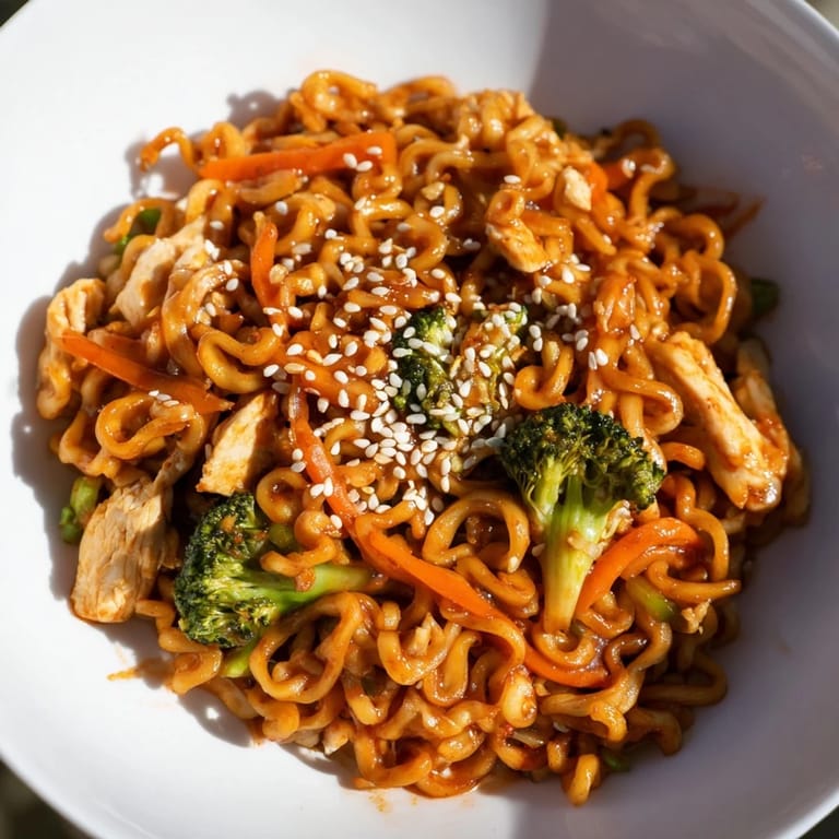 Eine dampfende Schüssel Spicy Ramen Stir-Fry mit glasigen Nudeln, scharfer Sriracha-Note und Sesam-Garnitur.