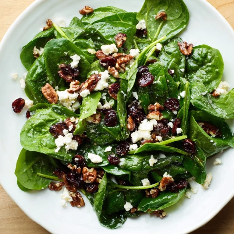 Zarte Baby-Spinatblätter mit cremiger Ziegenkäsenote, würziger Balsamico-Adresse und knusprigen Pekannüssen für ein leichtes, vegetarisches Mittagessen.