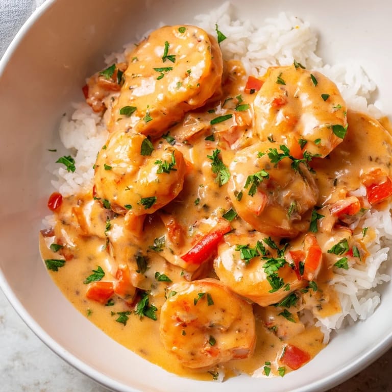 Gewürzte Cajun-Garnelen mit cremiger Sauce und Perlreis auf einer Schüssel, serviert für eine leckere Hauptmahlzeit.