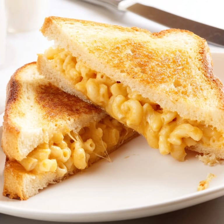 Dieses Mac & Cheese Grilled Cheese zeigt knuspriges Brot, geschmolzenen Cheddar und eine makellose, schmelzende Käsefüllung.