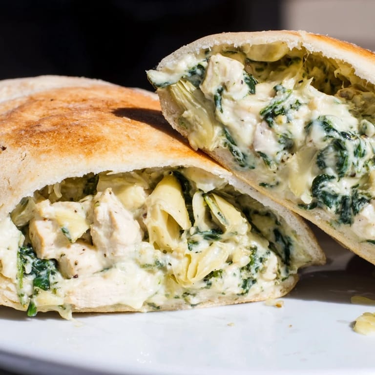 Einfaches Mittagessen: Spinach Artichoke Chicken Stuffed Pita mit cremiger Füllung und frischen Kräutern.