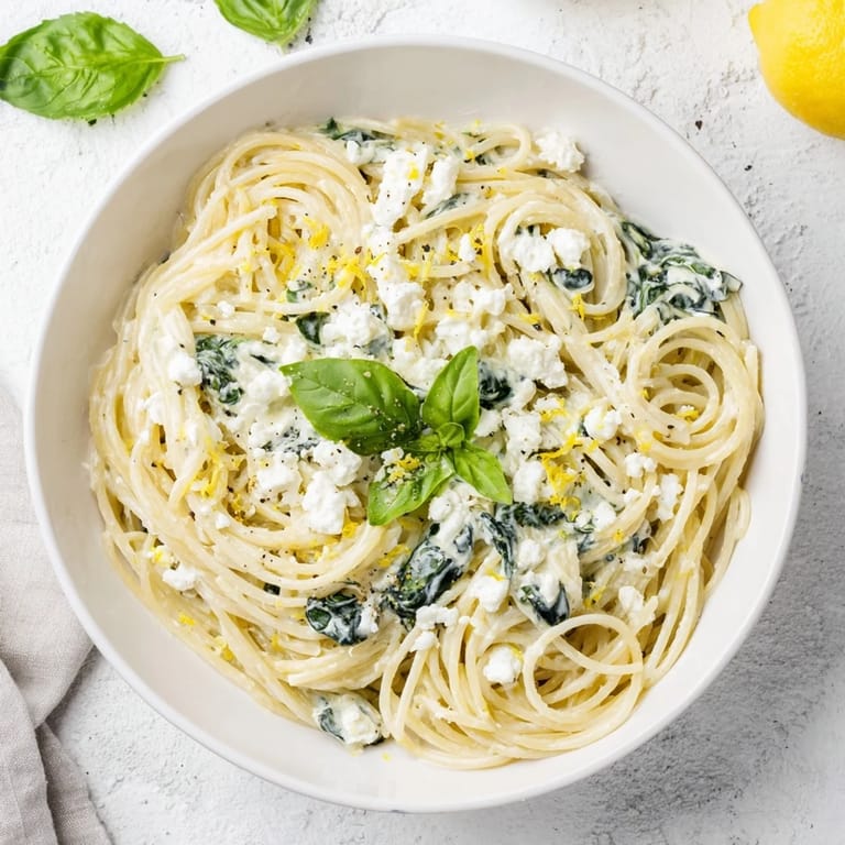 Frische Feta Spinat Pasta angerichtet auf einem hellen Teller, garniert mit Zitronenschale.