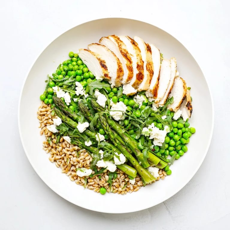 Genieße die Warm Spring Farro Chicken Salad, eine sättigende Schüssel mit Farro, Hähnchen und zitroniger Vinaigrette als Hauptgericht.