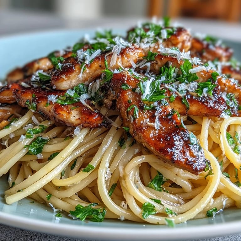Cremiges Brown Butter Lemon Chicken Pasta auf einem Teller, mit Zitronenspalten und geriebenem Parmesan belegt.