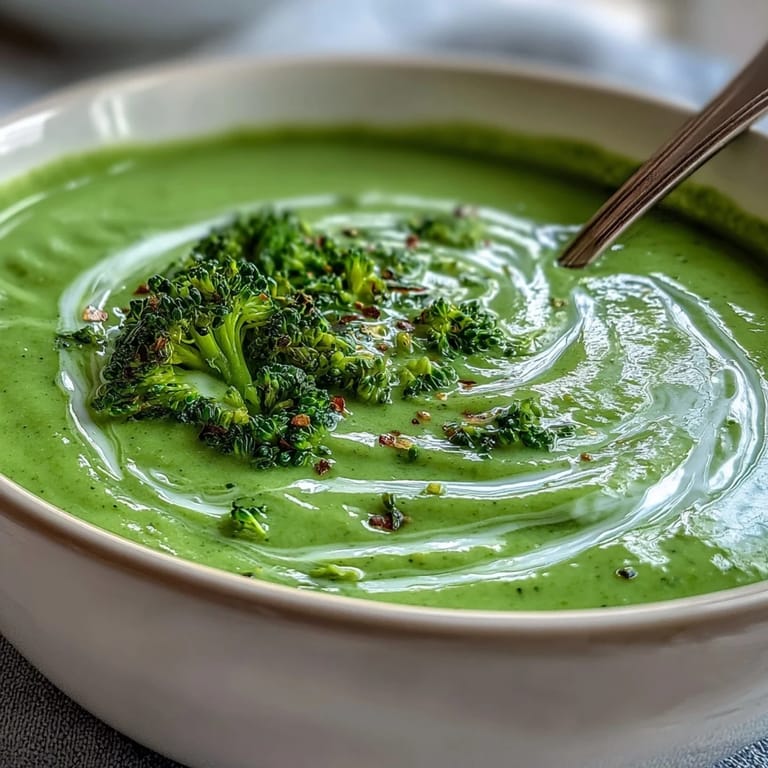 Velvety Creamy Broccoli Soup served hot, topped with crunchy croutons and a drizzle of extra cream.