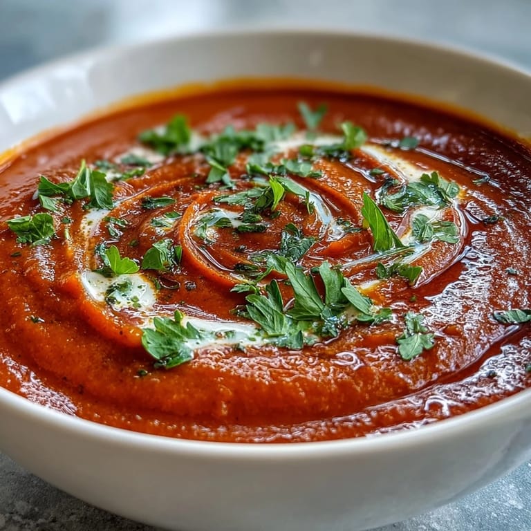 Genießen Sie diese herzhafte geröstete Paprikasuppe mit knusprigem Brot serviert.