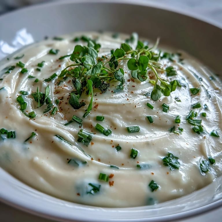 Elegant white bowl of Celery Root Bisque topped with microgreens and a swirl of cream.