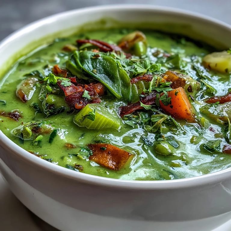 Eine Cremige Split Pea Soup neben einer Topfpflanze in natürlicher Umgebung fotografiert, U.S. Food Blog.