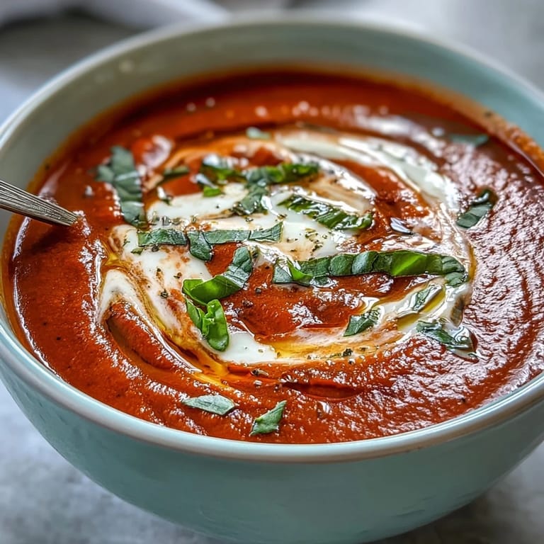Warm tomato and basil soup in a rustic bowl, perfect for a cozy lunch with crusty bread.