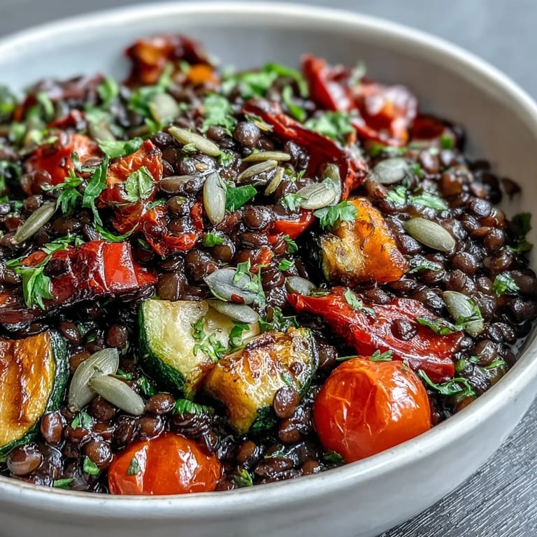 Würziger Schwarze Linsensalat mit bunten Paprikawürfeln und Petersilie, warm oder lauwarm.