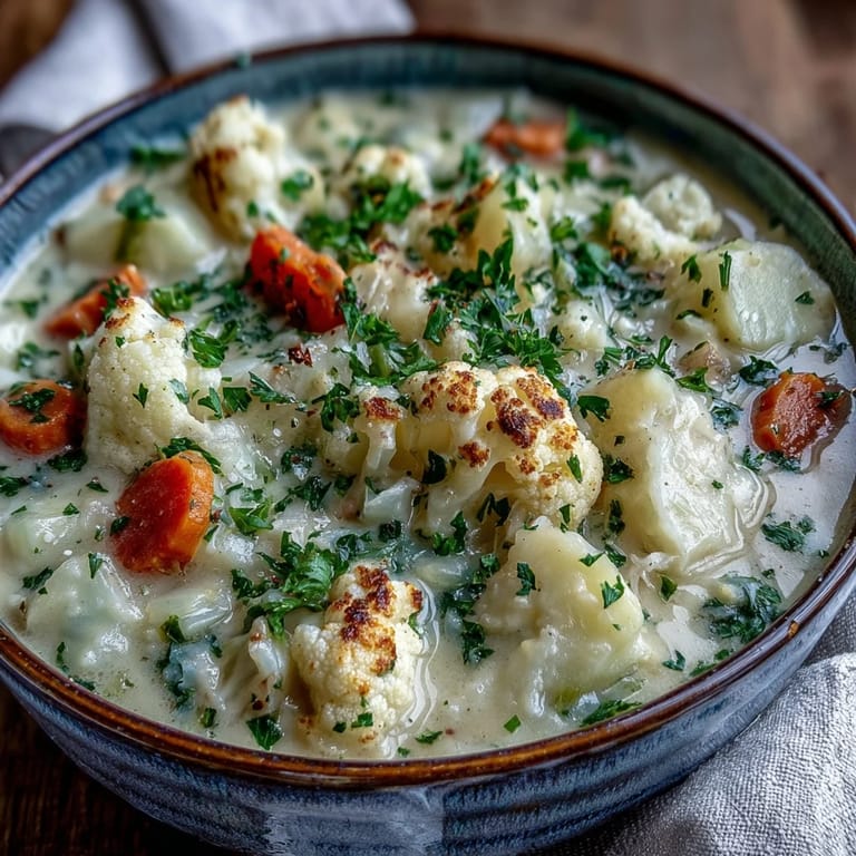 Creamy Vegetarian Cauliflower Chowder served with crusty bread, featuring tender potatoes, carrots, and thyme.