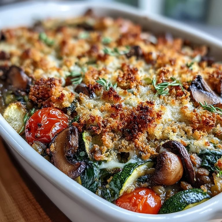 A hearty scoop of Green Lentil and Vegetable Casserole ready to be enjoyed.