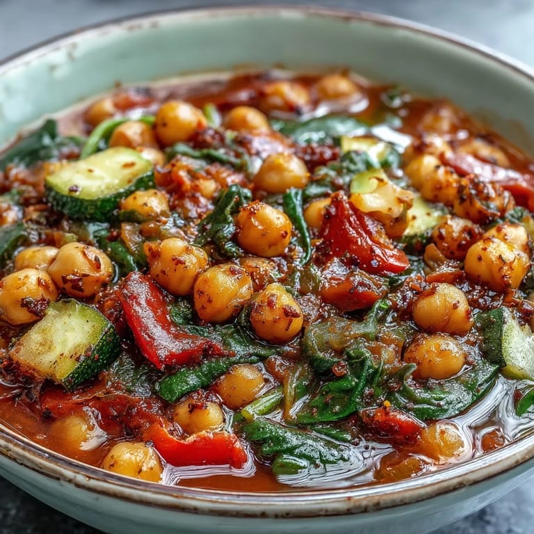 Steam rising from a bowl of Chickpea Stew, garnished with fresh herbs and lemon.