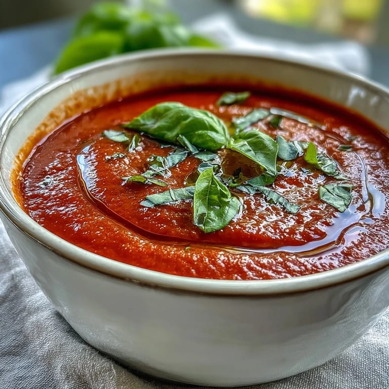 Creamy Tomato and Basil Soup in a rustic bowl, topped with olive oil drizzle, served with crusty bread.