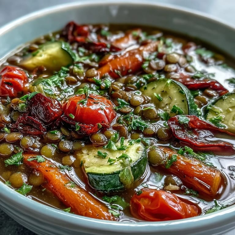 Großer Topf mit köstlicher Lentil and Vegetable Soup und frisch gehackter Petersilie auf einer Küchenarbeitsplatte.
