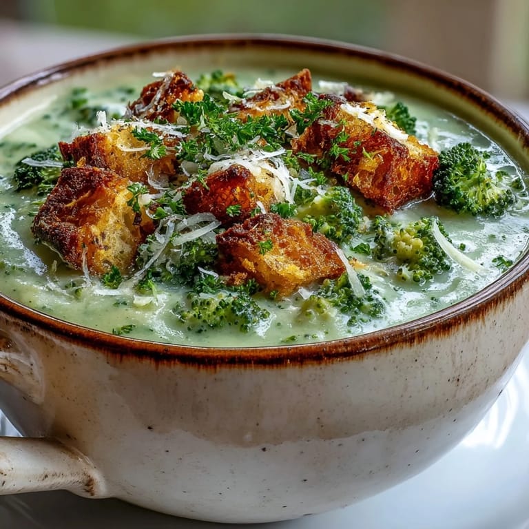 Beschreibung: Geblendete Cauliflower and Broccoli Soup in Schalen, belegt mit hausgemachten Croutons und Käse.