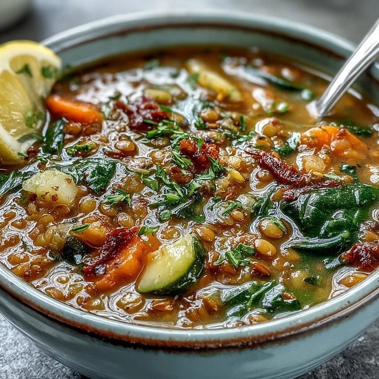 Steaming Lentil Soup with colorful vegetables and spinach, ready to serve with crusty bread.