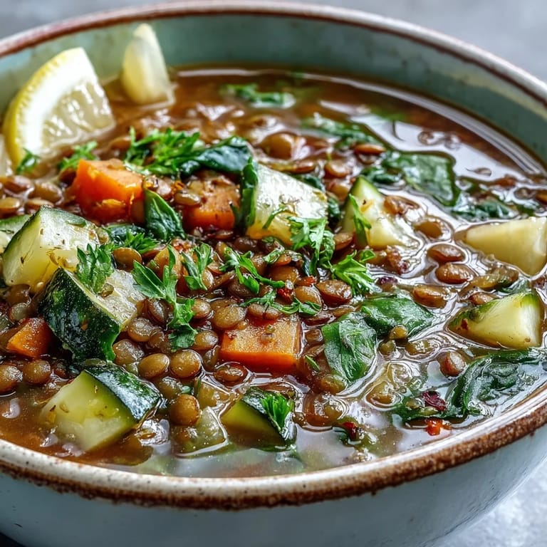 Aromatic Lentil Soup in a pot with a ladle, showcasing tender lentils and diced zucchini.