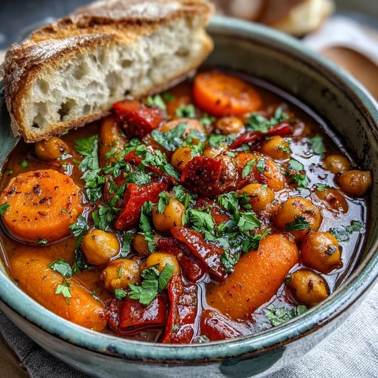 Herzhafte Spicy Chickpea Stew mit gerösteten Kichererbsen, Karotten und Paprika duftet nach Gewürzen und liegt auf einem Holztisch serviert.