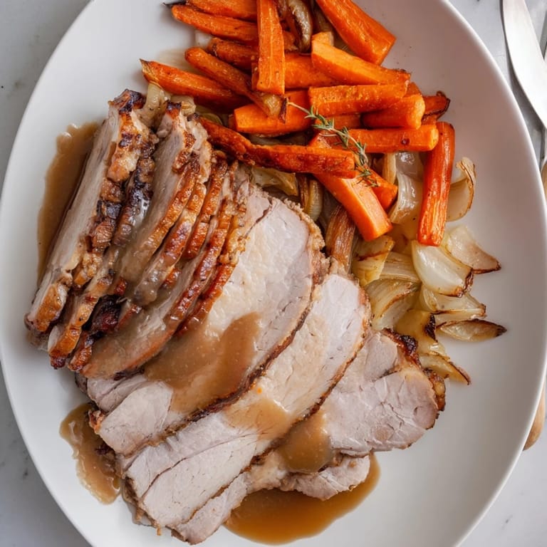 Zartes Roast Pork mit aromatischer Biergravy, serviert mit köstlichem Gemüse.  