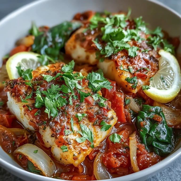 Genieße Spiced Cod One Pot mit zarten Fischstücken, Zitronenscheiben und frischer Petersilie, ideal mit Reis oder Brot.