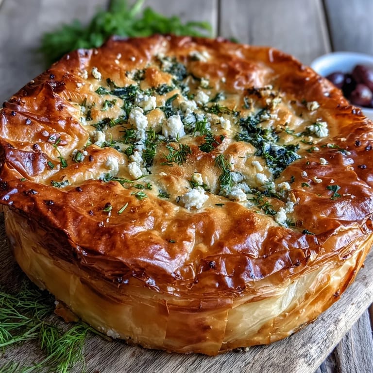 A freshly baked Feta and Kale Börek with a crisp crust ready to slice.