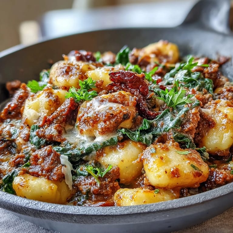 One-pan Sausage Gnocchi with Kale tossed in a rich, rustic sauce, ready to serve.