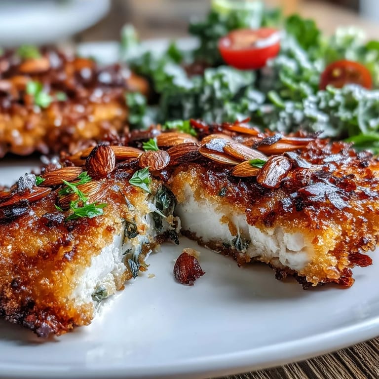 A platter of almond-crusted chicken paired with a vibrant kale, onion, and tomato salad.