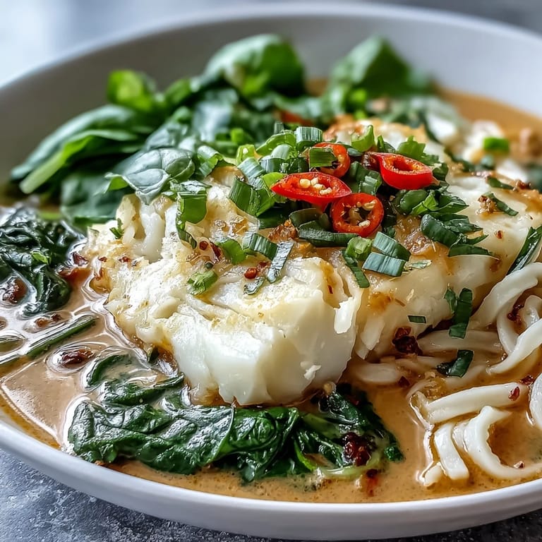 A vibrant serving of Poached Cod With Spiced Coconut Broth and Udon Noodles with julienned carrots and greens, perfect for a quick weeknight meal