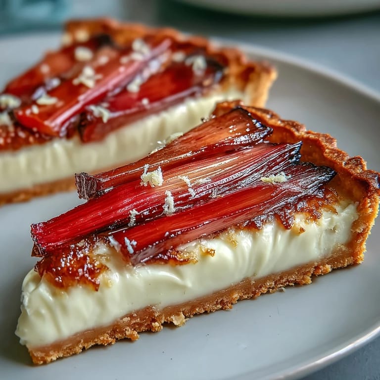 Serviert Rhubarb, White Chocolate, and Elderflower Tart auf Keramikplatte mit rhabarberstücken und cremiger füllung garniert