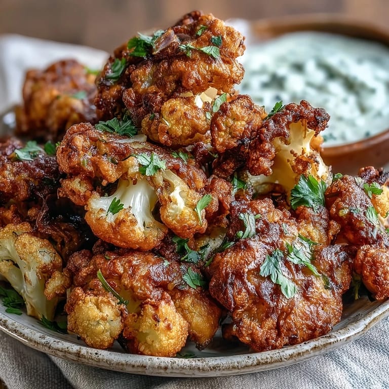 Freshly fried Indian fritters with chickpea flour and cilantro next to creamy dip.