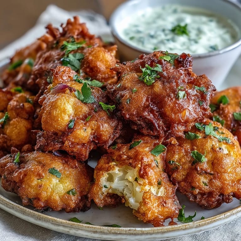 Steaming Cauliflower Bhajis, gluten-free, alongside vibrant mint yogurt sauce for dipping.