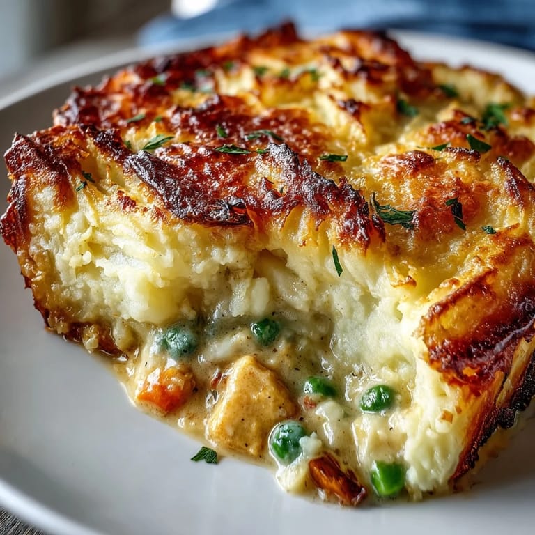 Eine cremige Curried Fish Pie mit Garnelen und Petersilie, angerichtet auf Teller.