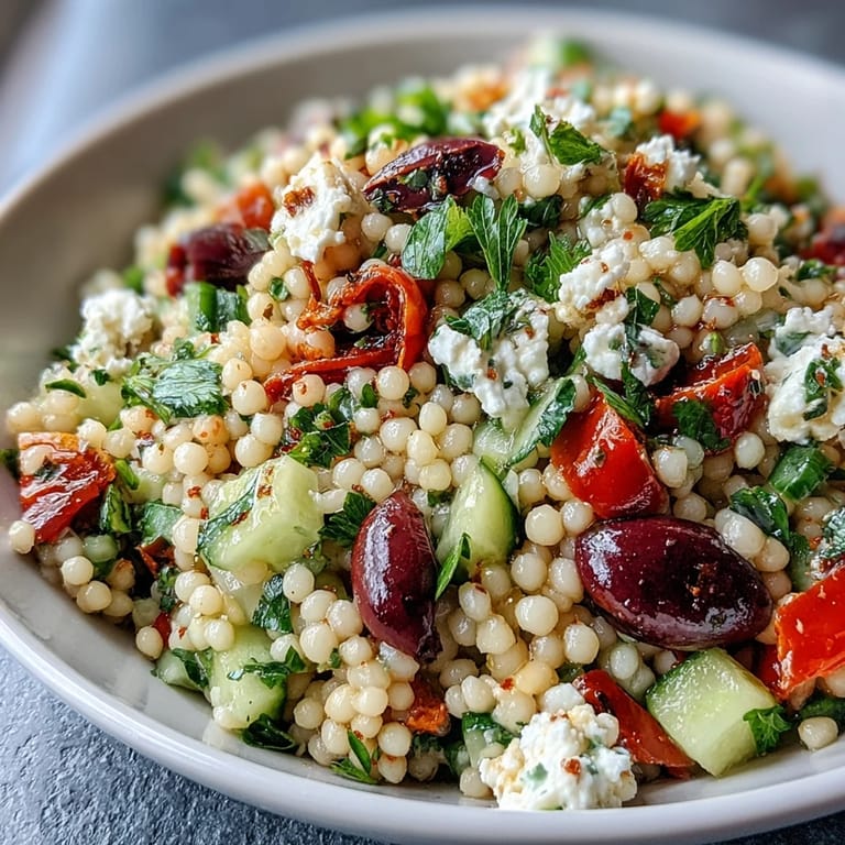 A close-up of Mediterranean Pearl Couscous with crunchy cucumber, sweet bell pepper, and briny olives glistening in oregano vinaigrette.