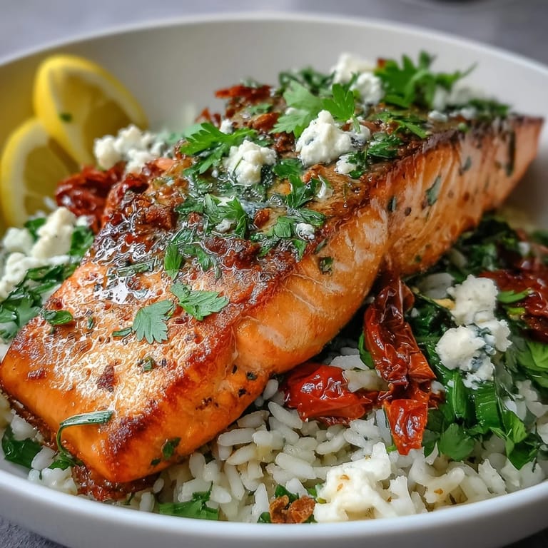 Fresh cilantro and creamy feta cheese garnish this Mediterranean Salmon Bowl, served alongside lemon wedges and optional kalamata olives for extra zest.