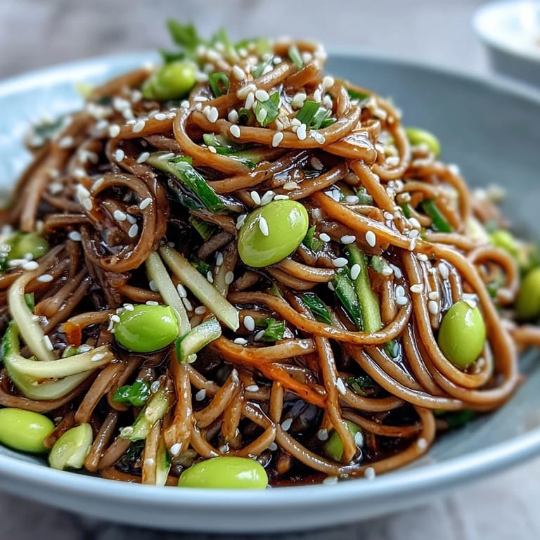 A refreshing Soba Noodle Bowl served in white ceramic, garnished with sesame seeds and fresh cilantro for a light dinner.