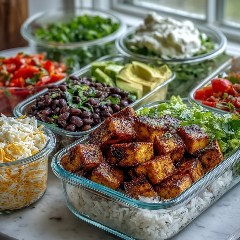 Makellose Burrito Bowl für die Wochenplanung: angerichteter Reis, würzige Bohnen, Protein und buntes Toppings auf einem hellen Hintergrund.