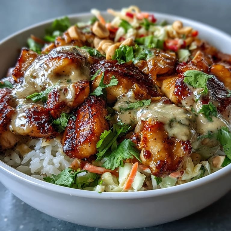 Vorbereitete Portions-Schale aus zarter Hähnchen-Pfanne mit würziger Erdnusssauce auf duftendem Kokosreis und knackigem Gemüse für die Meal-Prep.
