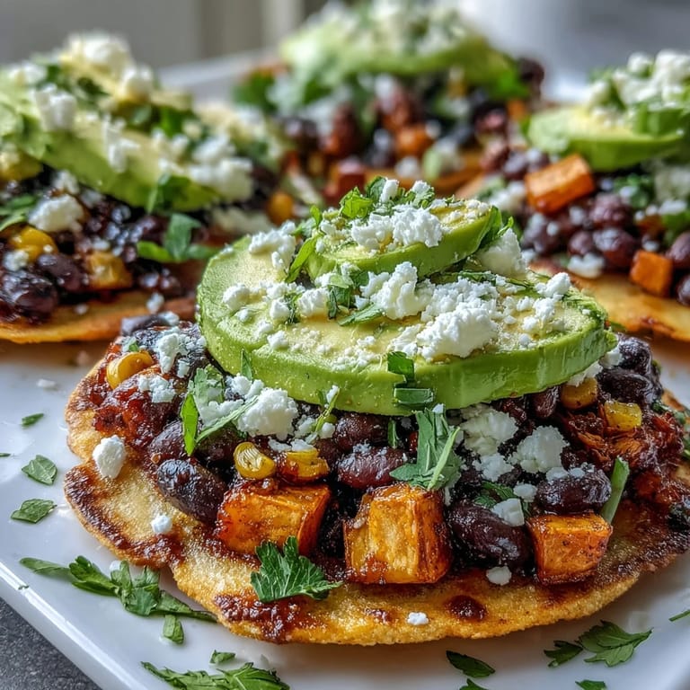 Black Bean and Sweet Potato Tostadas angerichtet mit Feta, Avocado und scharfer Soße für Mexikanisch-Inspirierte Mittagsgenuss.