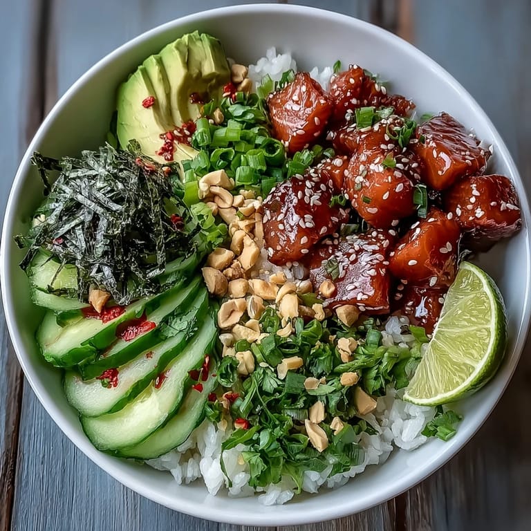 Frisch zubereitete Avocado Salmon Bowl mit Sesam, Limetten und japanischem Mayo auf marmoriertem Reis.