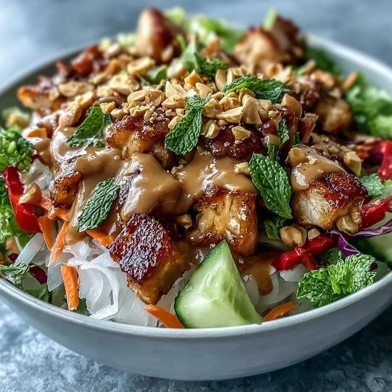Bunte Schale mit gewürfeltem Hähnchen, knusprigem Gemüse und Reispapierfetzen, übergossen mit cremiger Erdnusssauce – perfekt für ein leichtes Abendessen.