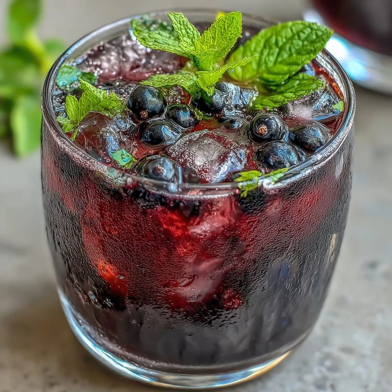 Ein elegantes Wasser mit Black Currant It Berry Celebration Drink Elementen, versehen mit Zitronenscheiben und Minze für eine reinigende Hydration.
