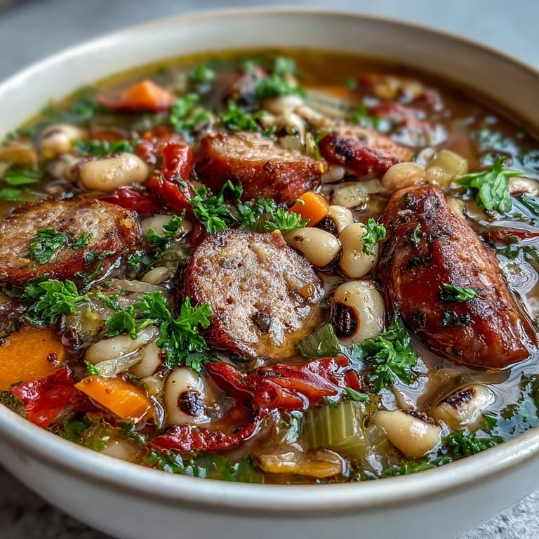 A steaming bowl of Black-Eyed Peas and Sausage Soup topped with grated Parmesan, served beside crusty artisan bread.