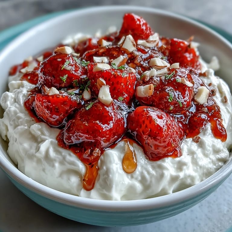 Süße Erdbeer-Kompott-Schälchen über griechischem Joghurt mit Honig und Nüssen.